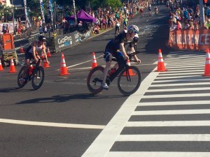 In the "hot corner" after a steep descent, 2 miles into the bike